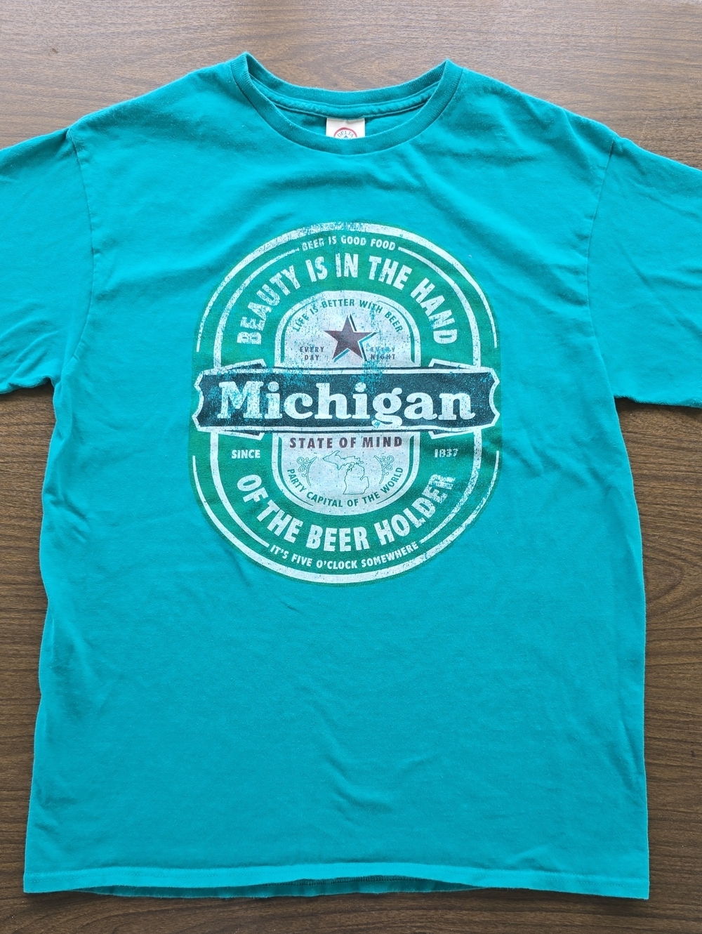 Vintage Teal Michigan Beer Graphic Short Sleeve Men's Tee T-Shirt Sz Medium